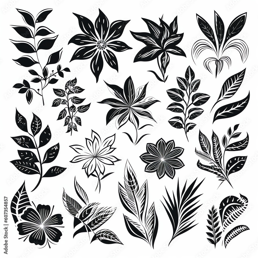 Generative AI Tropical flowers and leaves collection - vector illustration design template.