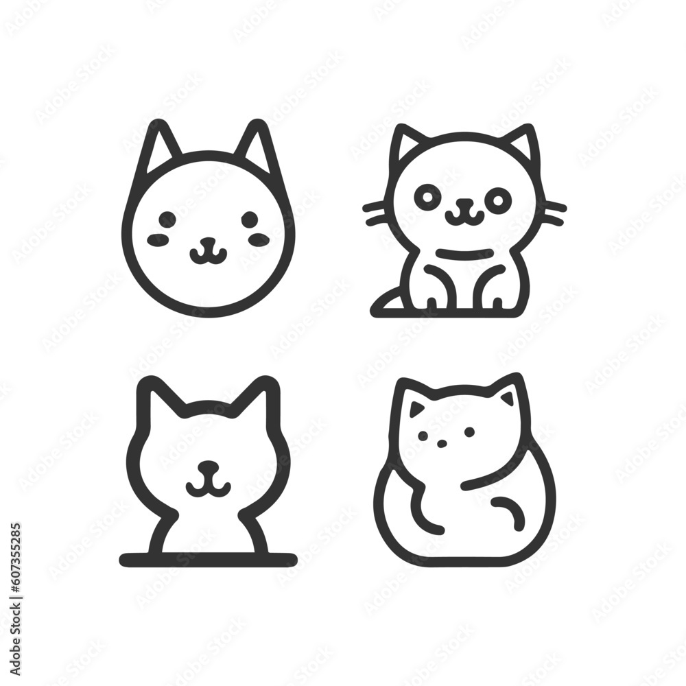 Cartoon cat, kitten face line vector icon set isolated