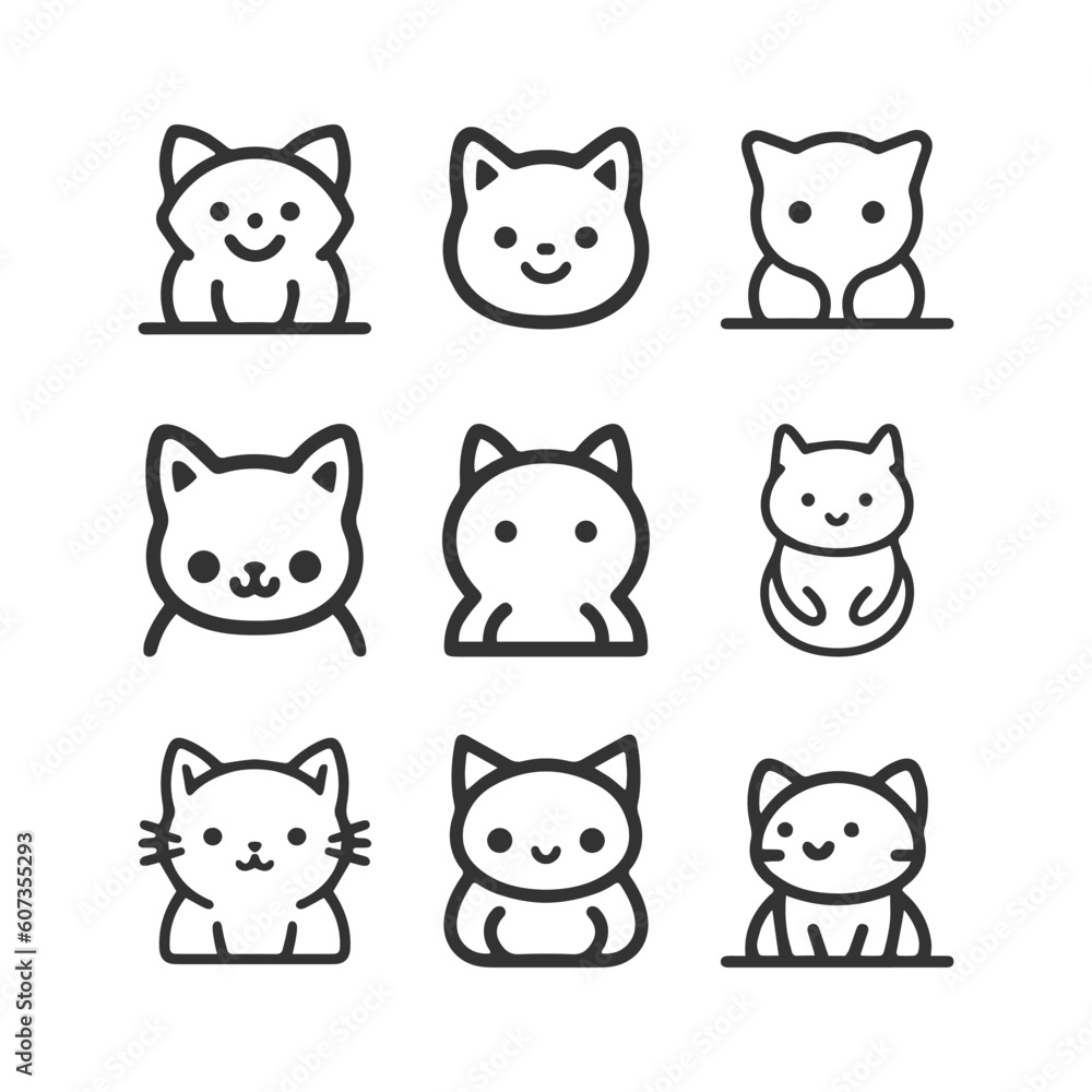 Fototapeta premium Cartoon cat, kitten face line vector icon set isolated