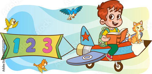 Funny Kid Flying On Colorful Pencil .vector illustration of child education image.