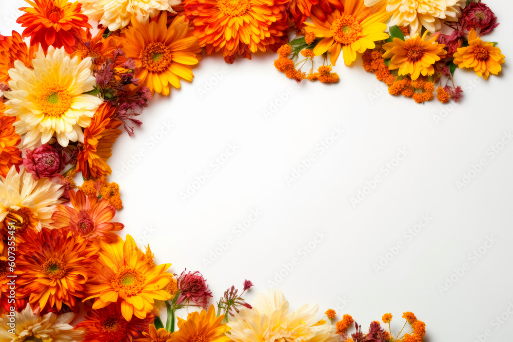 Obraz premium Yellow, orange, ochre and brown flower frame layout with text space, copy space. Wedding concept, Birthday concept, Congratulations concept. Women's Day, Mother's Day, Valentine's Day. Generative AI.