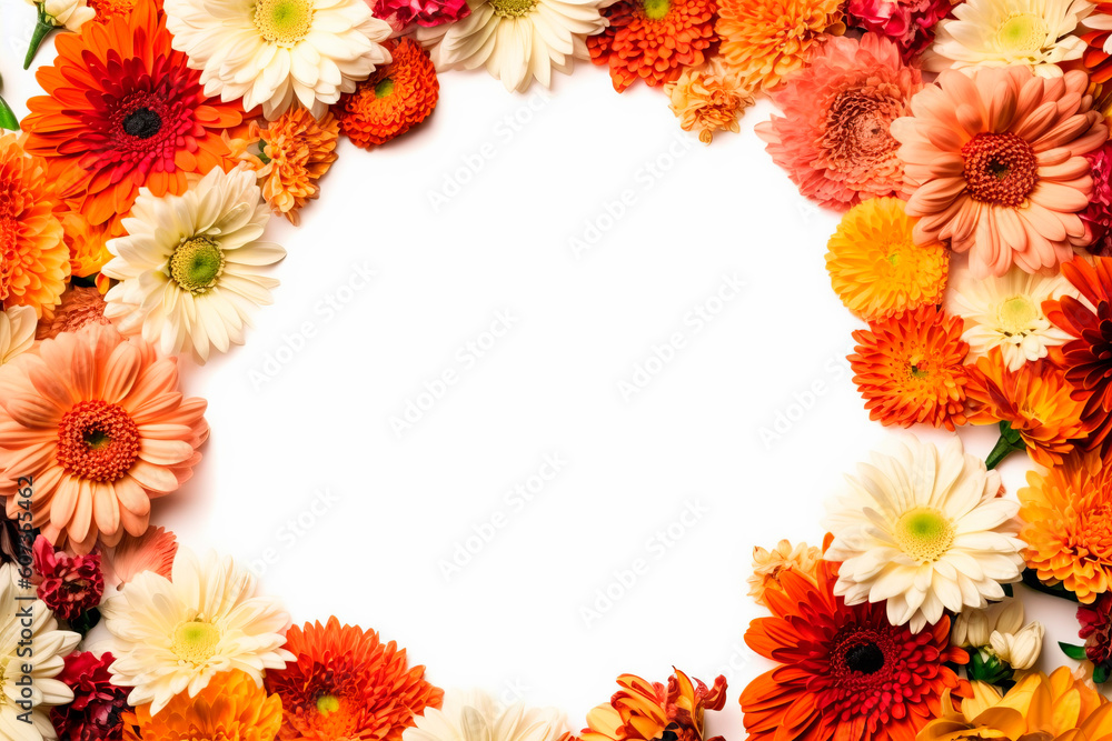 Yellow, orange, ochre and brown flower frame layout with text space, copy space. Wedding concept, Birthday concept, Congratulations concept. Women's Day, Mother's Day, Valentine's Day. Generative AI. Yellow, orange, ochre and brown flower frame layout with text space, copy space. Wedding concept, Birthday concept, Congratulations concept. Women's Day, Mother's Day, Valentine's Day. Generative AI.
