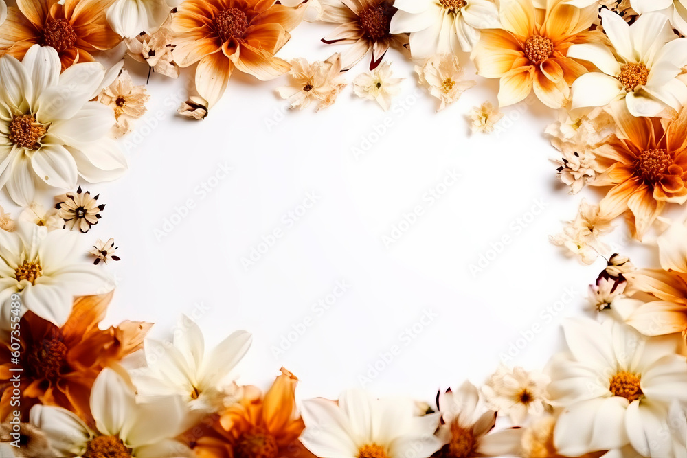 Yellow, orange, ochre and brown flower frame layout with text space, copy space. Wedding concept, Birthday concept, Congratulations concept. Women's Day, Mother's Day, Valentine's Day. Generative AI. Yellow, orange, ochre and brown flower frame layout with text space, copy space. Wedding concept, Birthday concept, Congratulations concept. Women's Day, Mother's Day, Valentine's Day. Generative AI.