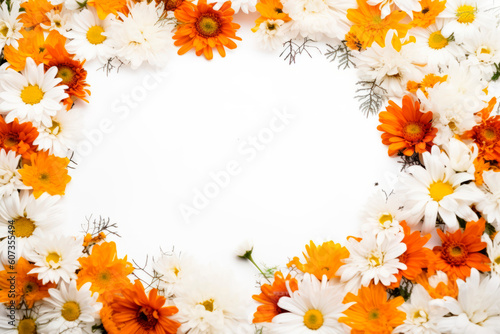 Yellow, orange, ochre and brown flower frame layout with text space, copy space. Wedding concept, Birthday concept, Congratulations concept. Women's Day, Mother's Day, Valentine's Day. Generative AI.