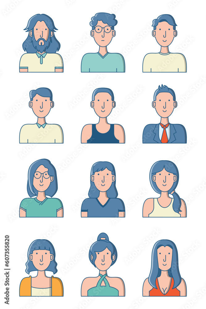 Set of human character designs with different hair styles, clothes in male and female variations Set of human character designs with different hair styles, clothes in male and female variations