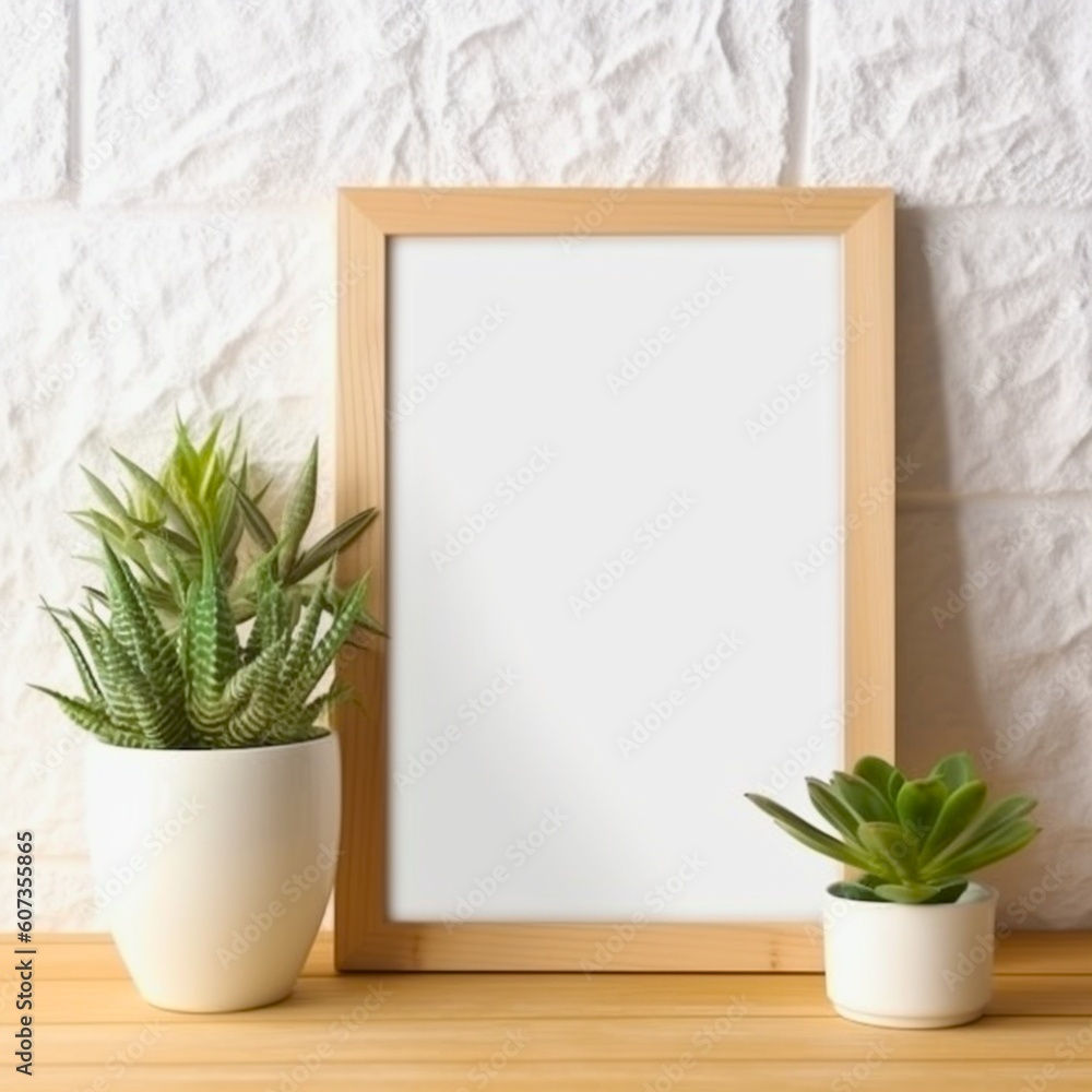 ai generated mock-up of an interior blank picture frame in a bright room with succulents and lots of natural light ai generated mock-up of an interior blank picture frame in a bright room with succulents and lots of natural light
