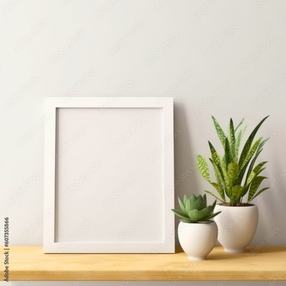 ai generated mock-up of an interior blank picture frame in a bright room with succulents and lots of natural light ai generated mock-up of an interior blank picture frame in a bright room with succulents and lots of natural light