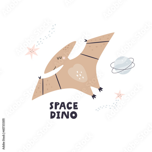 Cute illustration of funny dinosaur pterodactyl in a outer space