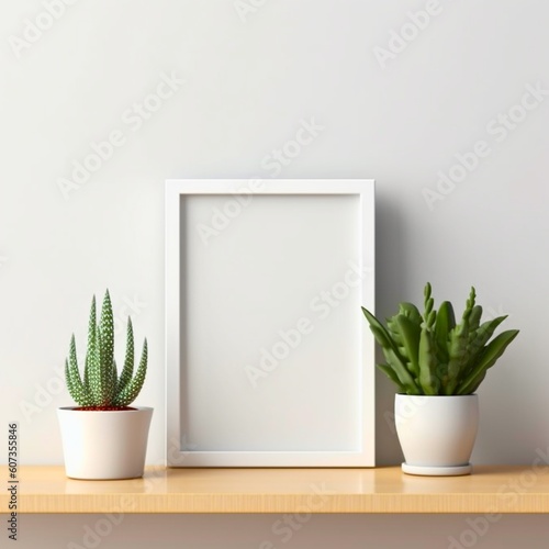 ai generated mock-up of an interior blank picture frame in a bright room with succulents and lots of natural light 