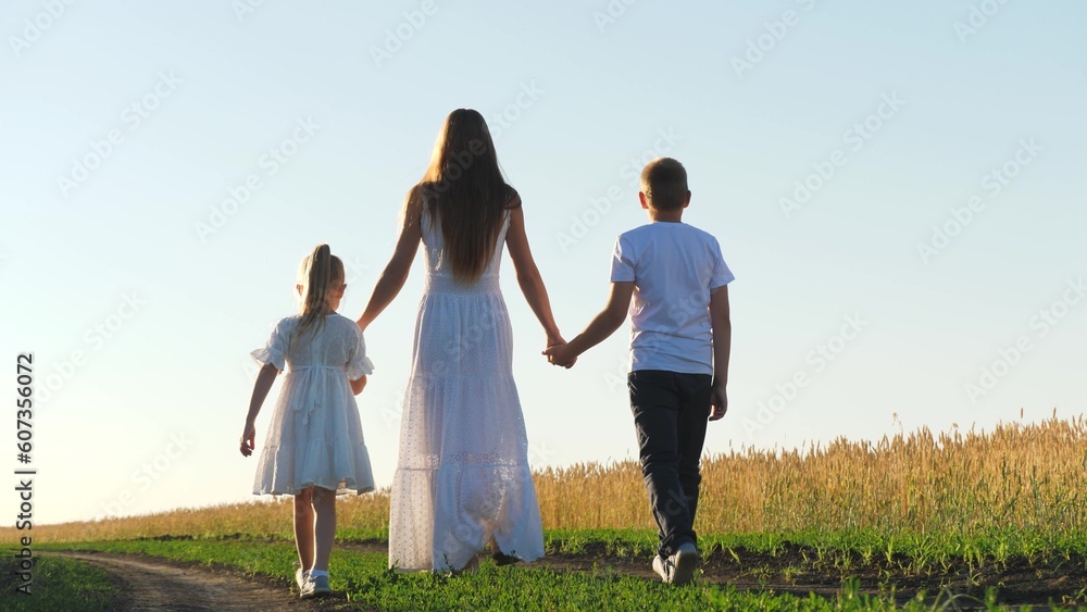 mother child daughter son walk sunset, hold hands. happy family, wheat field, chidhood dream, dream becoming pilot plane, happy family vacation, little child, path success, happy child runs, child