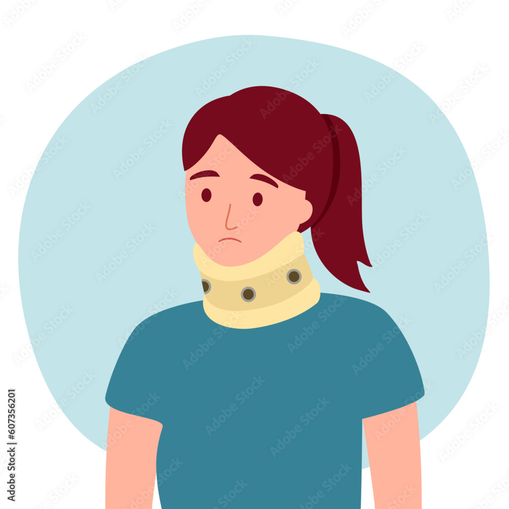 Woman wearing cervical collar in flat design. Neck brace concept vector illustration. Woman wearing cervical collar in flat design. Neck brace concept vector illustration.
