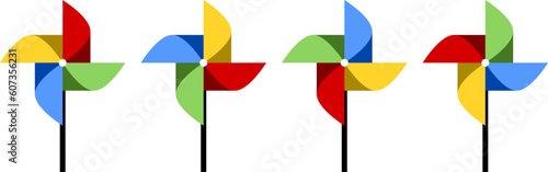 Set of Colorful Pinwheel or Spinning Windmill with Stick and Different Rotation Phases Symbol Icon. Vector Image.