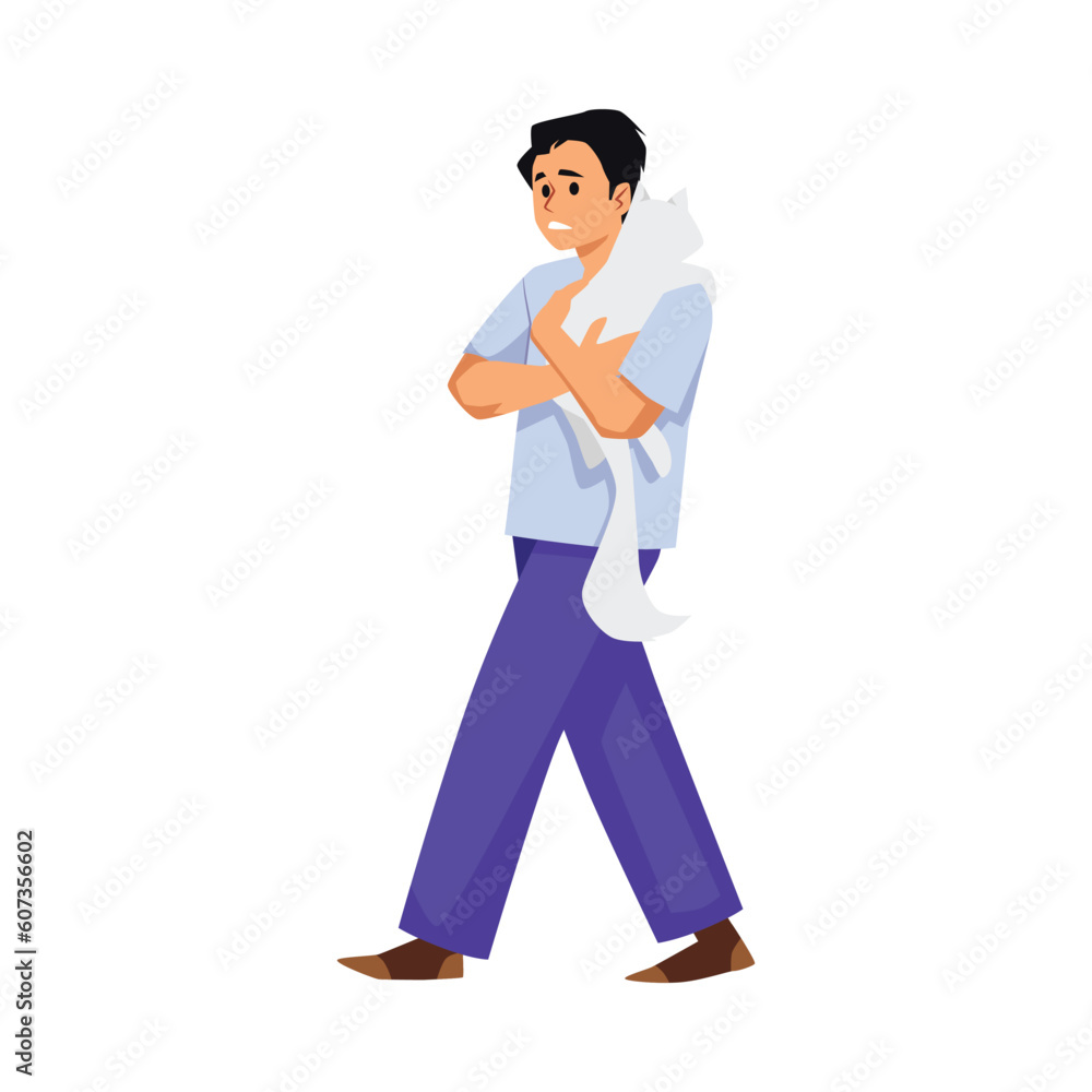 Scared man evacuates with a cat in his arms, Vector Illustration isolated on white background for emergency concept Scared man evacuates with a cat in his arms, Vector Illustration isolated on white background for emergency concept