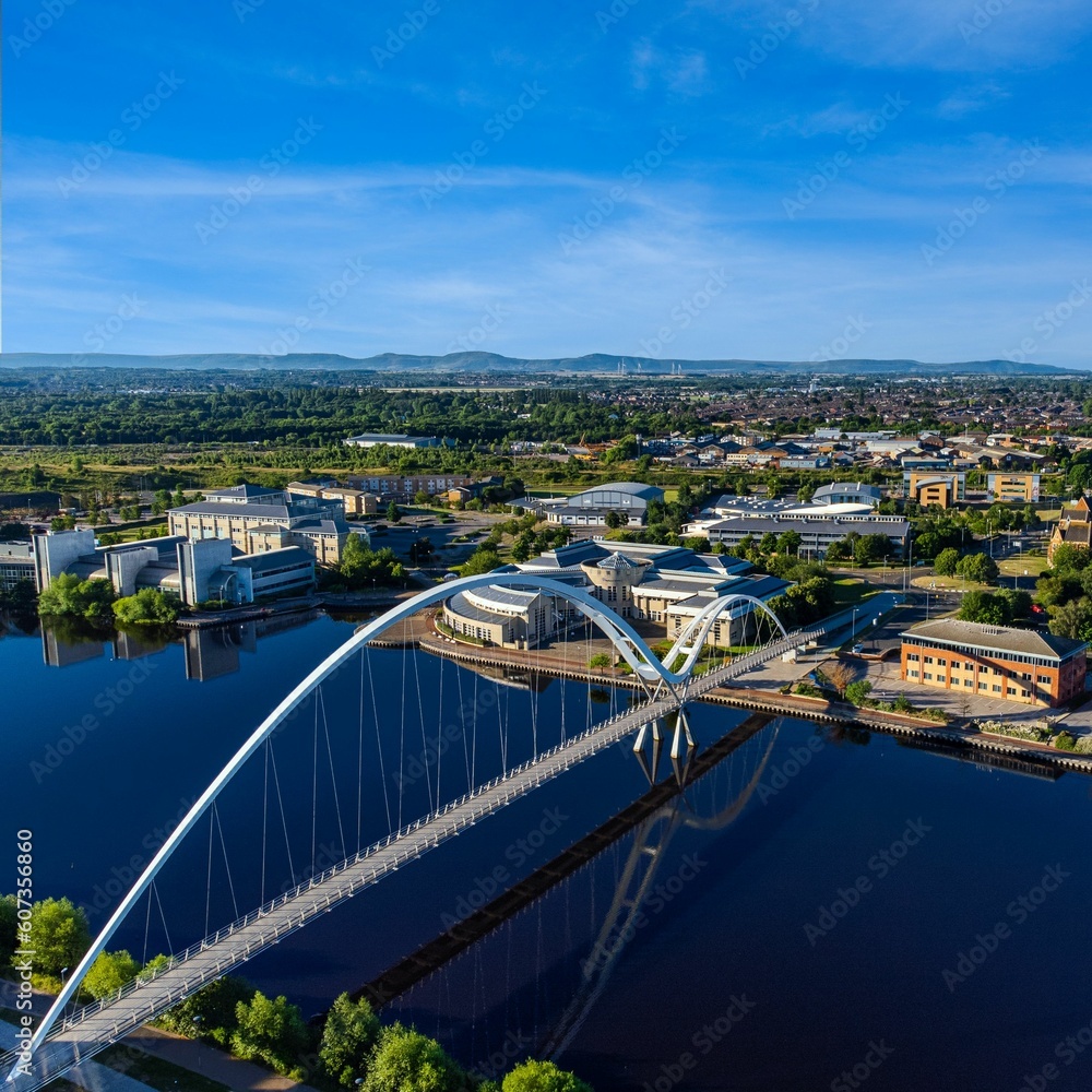 Aerial view of the Infinity Bridge spanning the river Tees in Stockton on