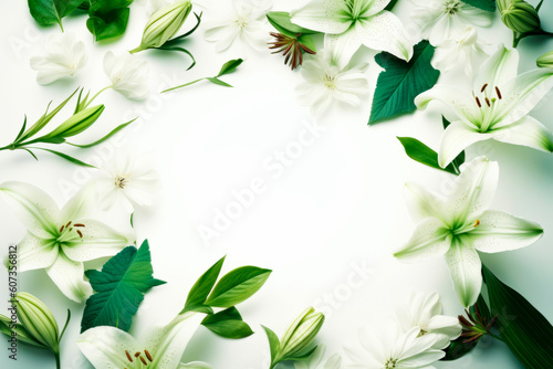 Green and colourful flower frame layout with text space, copy space. Wedding concept, Birthday concept, Congratulations concept. Women's Day, Mother's Day, Valentine's Day. Generative AI. © The Blue Wave
