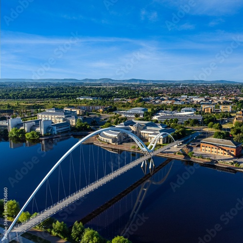 Aerial view of the Infinity Bridge spanning the river Tees in Stockton on photo