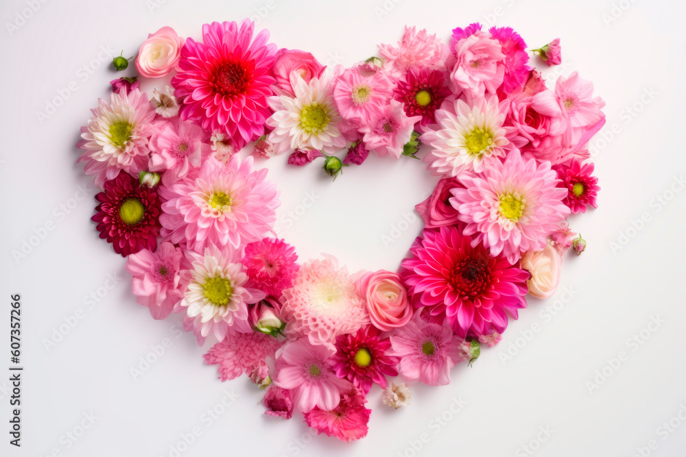 Heart-shaped flower arrangement with text space, copy space. Wedding concept, Birthday concept, Congratulations concept. Women's Day, Mother's Day, Valentine's Day. Generative AI. Heart-shaped flower arrangement with text space, copy space. Wedding concept, Birthday concept, Congratulations concept. Women's Day, Mother's Day, Valentine's Day. Generative AI.