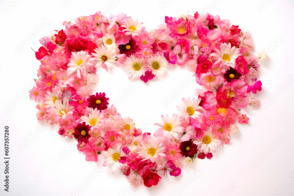 Heart-shaped flower arrangement with text space, copy space. Wedding concept, Birthday concept, Congratulations concept. Women's Day, Mother's Day, Valentine's Day. Generative AI. Heart-shaped flower arrangement with text space, copy space. Wedding concept, Birthday concept, Congratulations concept. Women's Day, Mother's Day, Valentine's Day. Generative AI.