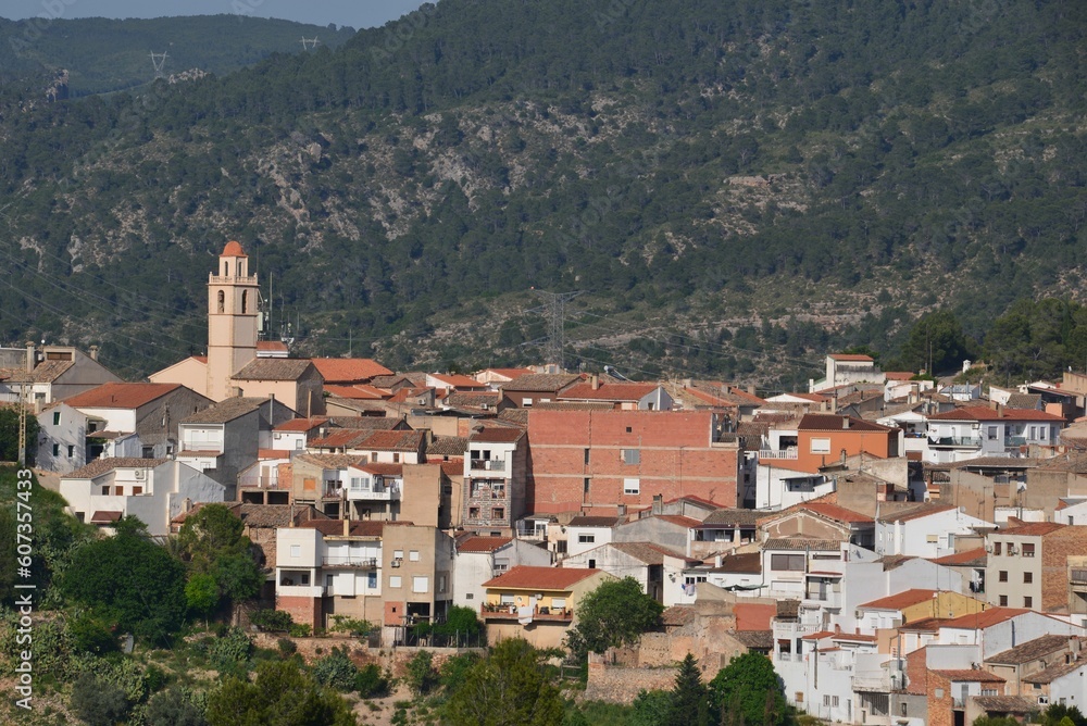 High-angle shot of a small town on the coast of Costa Blanca