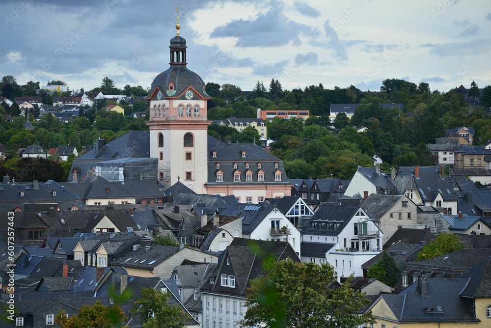 Aerial view of cityscape Weilburg surrounded by buildings