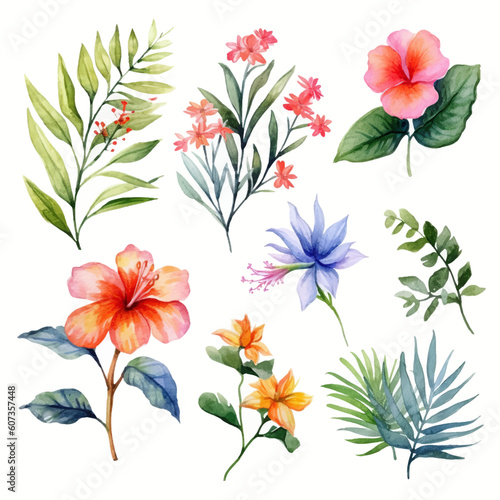 Set of tropical floral watecolor. tropical flower, tropical leaves. tropical poster, invitation floral. Vector arrangements for greeting card or invitation design