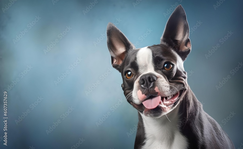 Charming Boston terrier dog against a bright pastel background. Generative AI.