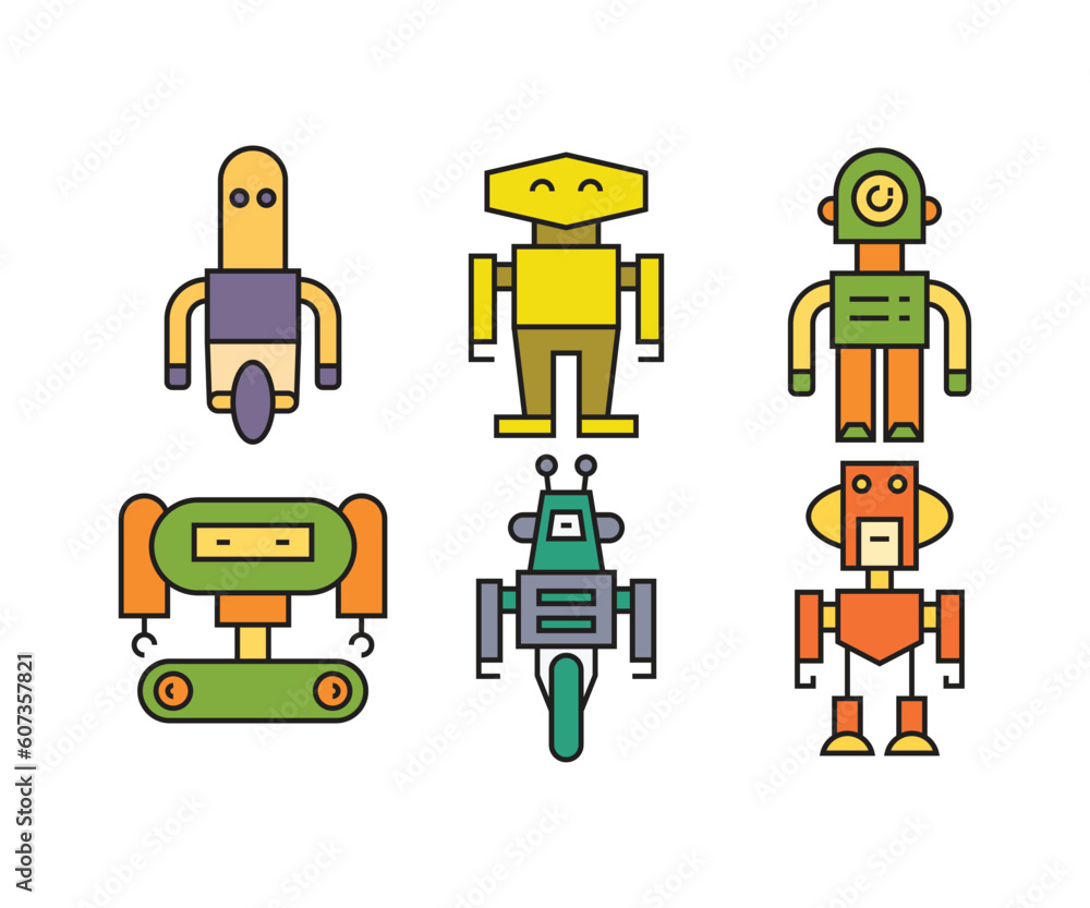 cartoon robot character icons set