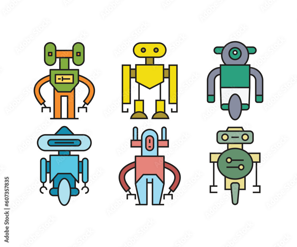 cartoon robot character icons set