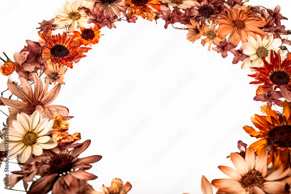 Yellow, orange, ochre and brown flower frame layout with text space, copy space. Wedding concept, Birthday concept, Congratulations concept. Women's Day, Mother's Day, Valentine's Day. Generative AI. Yellow, orange, ochre and brown flower frame layout with text space, copy space. Wedding concept, Birthday concept, Congratulations concept. Women's Day, Mother's Day, Valentine's Day. Generative AI.