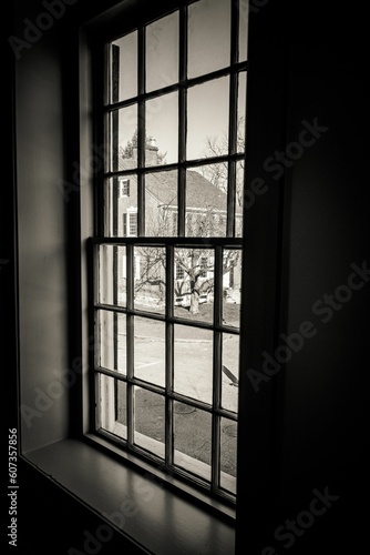 Grayscale vertical shot of a window