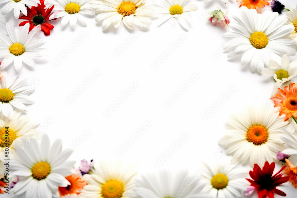 Vivid summer flower frame layout with text space, copy space. Wedding concept, Birthday concept, Congratulations concept. Women's Day, Mother's Day, Valentine's Day. Generative AI. Vivid summer flower frame layout with text space, copy space. Wedding concept, Birthday concept, Congratulations concept. Women's Day, Mother's Day, Valentine's Day. Generative AI.