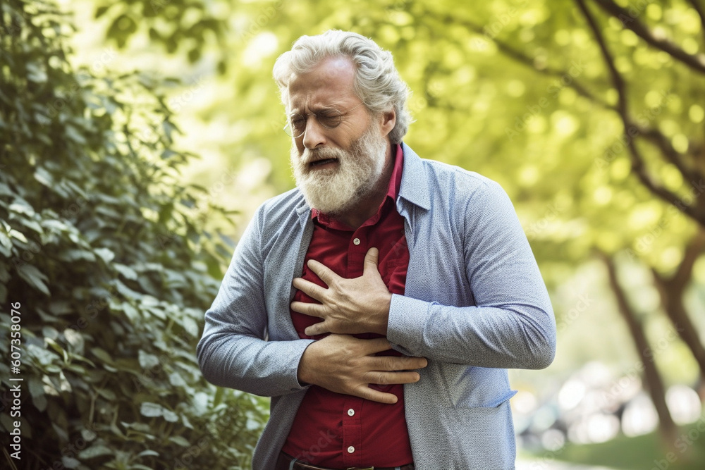 Mature age man showing strong signs of congestion or chest pains while walking in the park, warmly dressed for cooler weather. Developed with generative ai Mature age man showing strong signs of congestion or chest pains while walking in the park, warmly dressed for cooler weather. Developed with generative ai