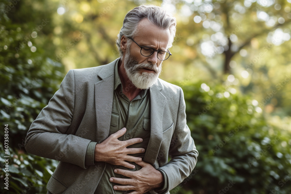 Man showing signs of congestion or chest pains while walking in the park, warmly dressed for cooler weather. Developed with generative ai Man showing signs of congestion or chest pains while walking in the park, warmly dressed for cooler weather. Developed with generative ai