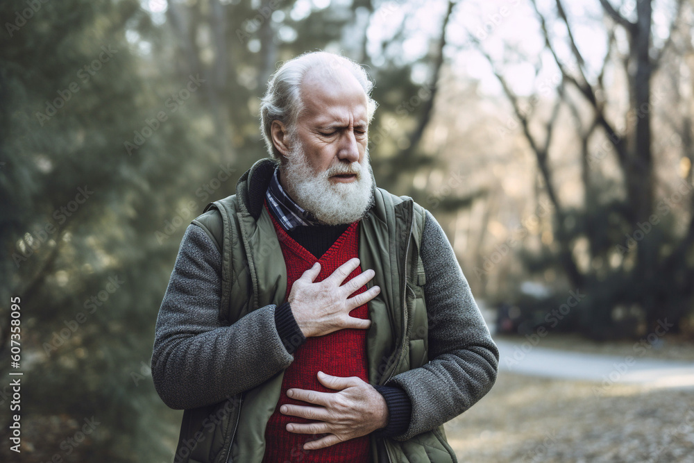 Mature age man showing signs of congestion or chest pains while walking in the park, warmly dressed for cooler weather. Developed with generative ai Mature age man showing signs of congestion or chest pains while walking in the park, warmly dressed for cooler weather. Developed with generative ai