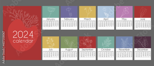 Simple calendar with floral and plants element for 2024 in vertical A4 format.12 months and cover. With place for notes. Week starts on Sunday. Isolated on grey background. photo