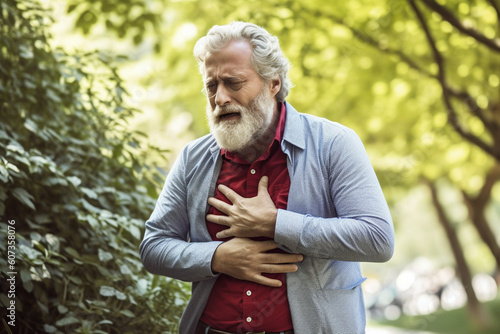 Mature age man showing strong signs of congestion or chest pains while walking in the park, warmly dressed for cooler weather. Developed with generative ai