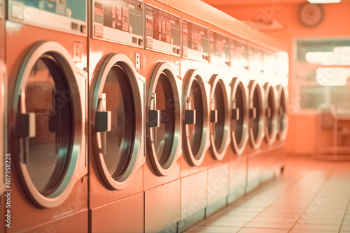 Row of industrial public laundry, washing machines in laundromat. 