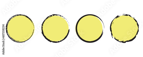 Circle strokes set, vector graphic. Black round frames with colored background