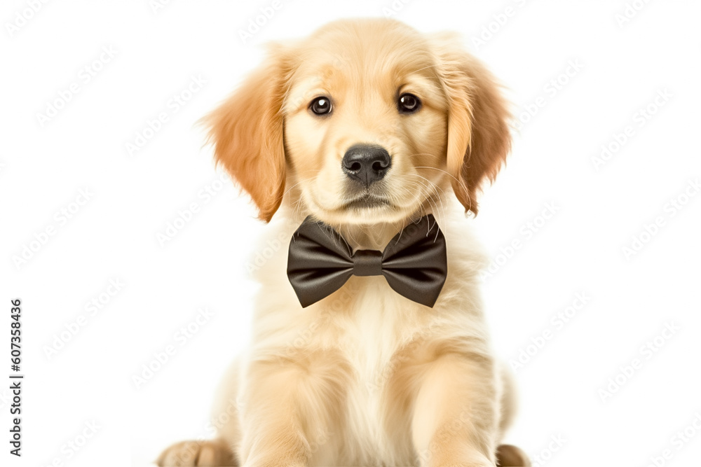 Adorable golden retriever puppy wearing a bow tie in front of a white background.
