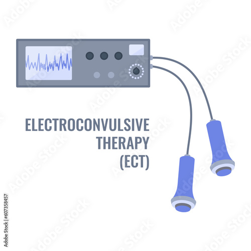 Electroconvulsive therapy for severe depression and schizophrenia treatment. ECT electrodes placement. Brain stimulation equipment for bipolar and major depressive disorders. Vector illustration.