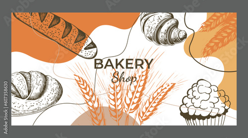Bakery design poster set. Template for poster, banner, card, flyer. Vector drawing of pastries and bread in different colors. Design elements.
