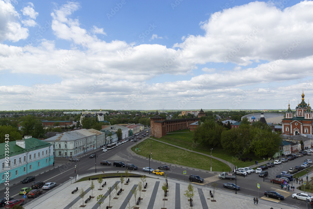Kolomna, Moscow region, Russia. May 10, 2023: Scenic aerial view of streets and city landmarks.