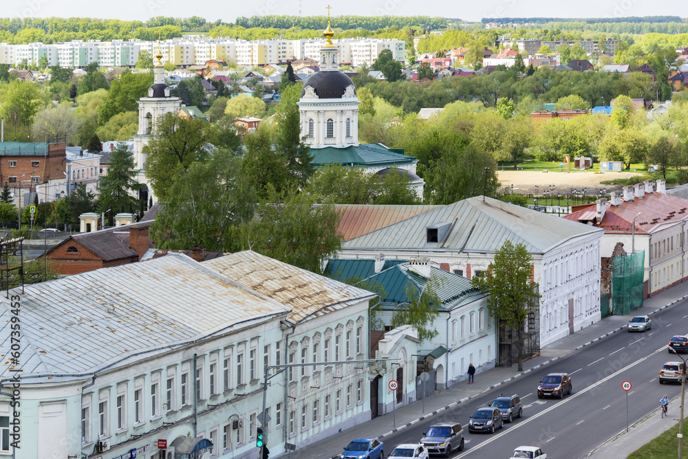 Kolomna, Moscow region, Russia. May 10, 2023: Scenic aerial view of streets and city landmarks.