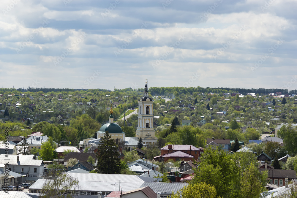 Kolomna, Moscow region, Russia. May 10, 2023: Scenic aerial view of streets and city landmarks.