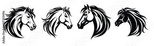 Set of horse's head vector silhouettes. Black tattoo illustration. Suitable for logo art. photo