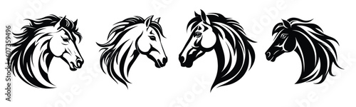 Set of horse's head vector silhouettes. Black tattoo illustration. Suitable for logo art.