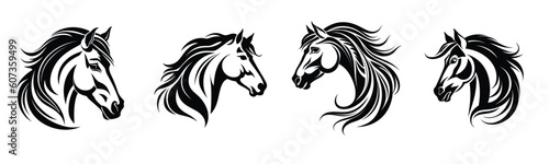 Set of horse's head vector silhouettes. Black tattoo illustration. Suitable for logo art.