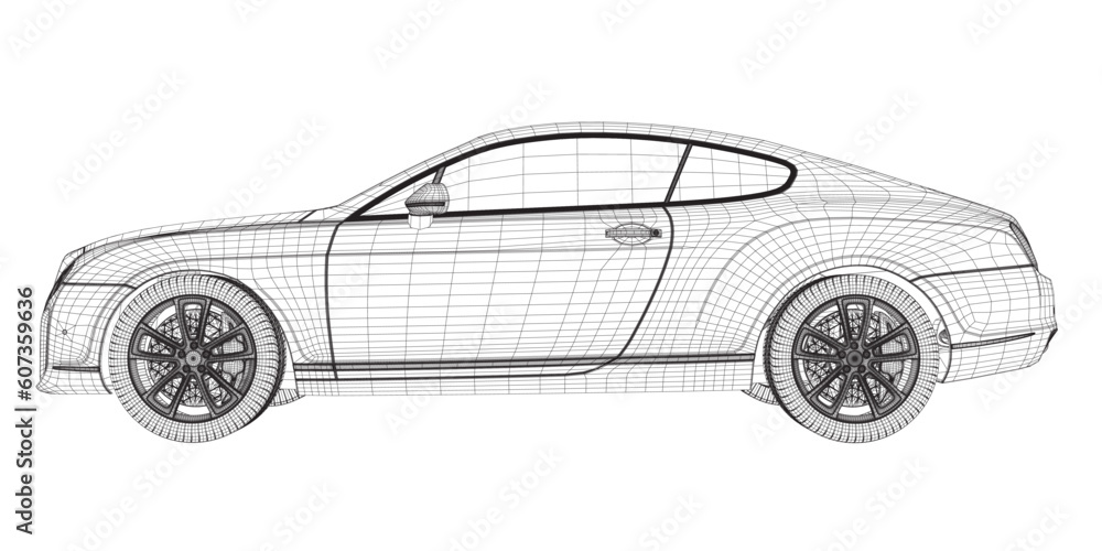 Coloring page vector line art for book and drawing. Black wireframe illustrate Isolated on white background. High speed drive vehicle. Graphic element. Illustration car. Stroke without fill. 3D..