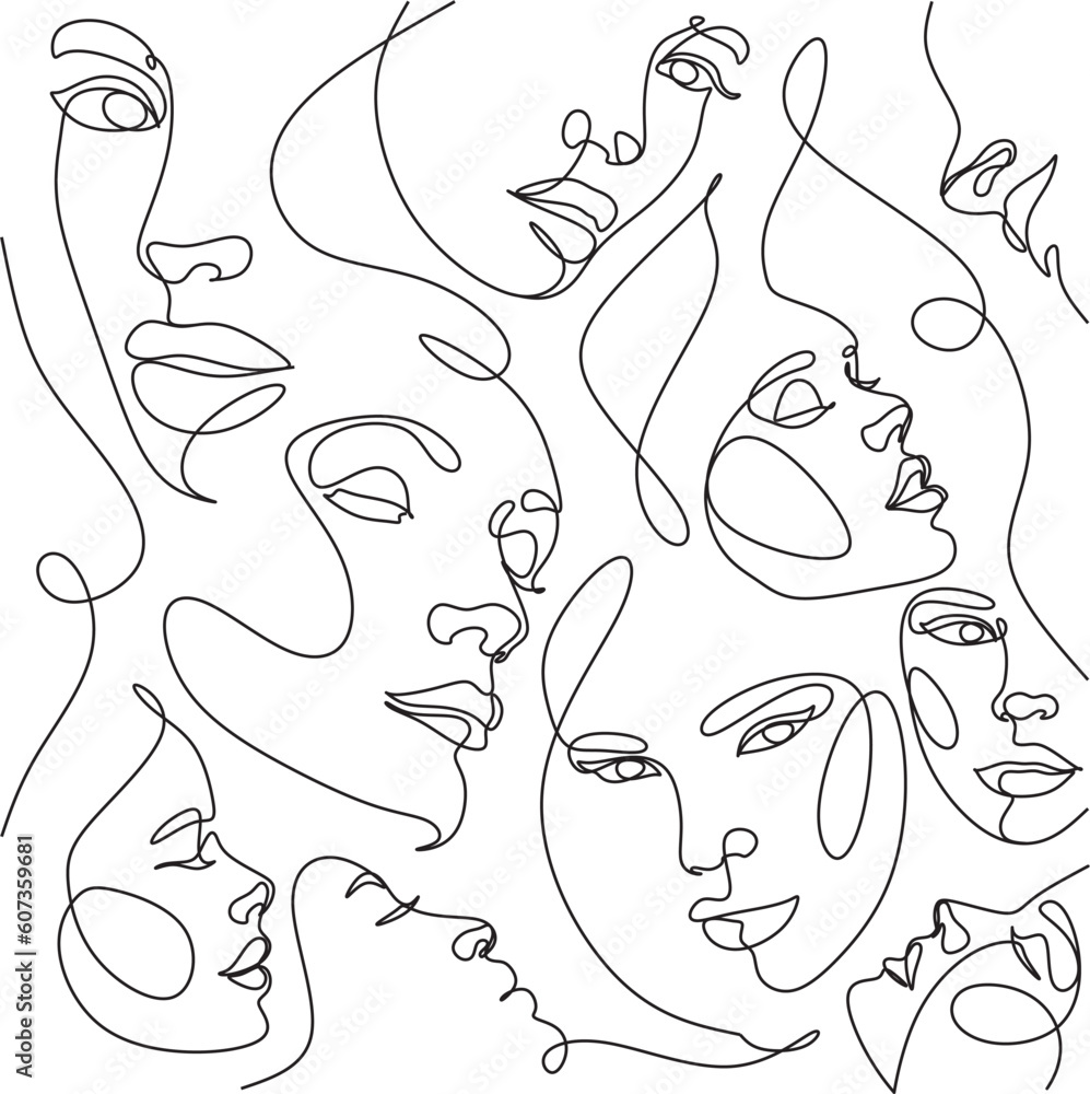 Abstract Seamless Pattern line art, drawing of faces, fashion minimalist concept, vector illustration. Modern fashionable contemporary illustration