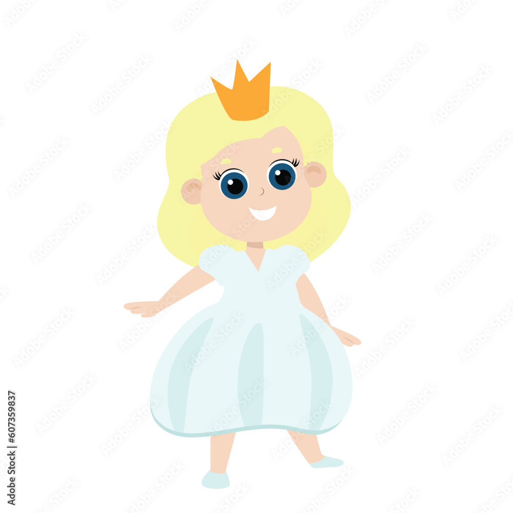 Little princess girl in crown in cartoon style isolated on white background. The girl has blond hair and a lush dress. Little princess girl in crown in cartoon style isolated on white background. The girl has blond hair and a lush dress.